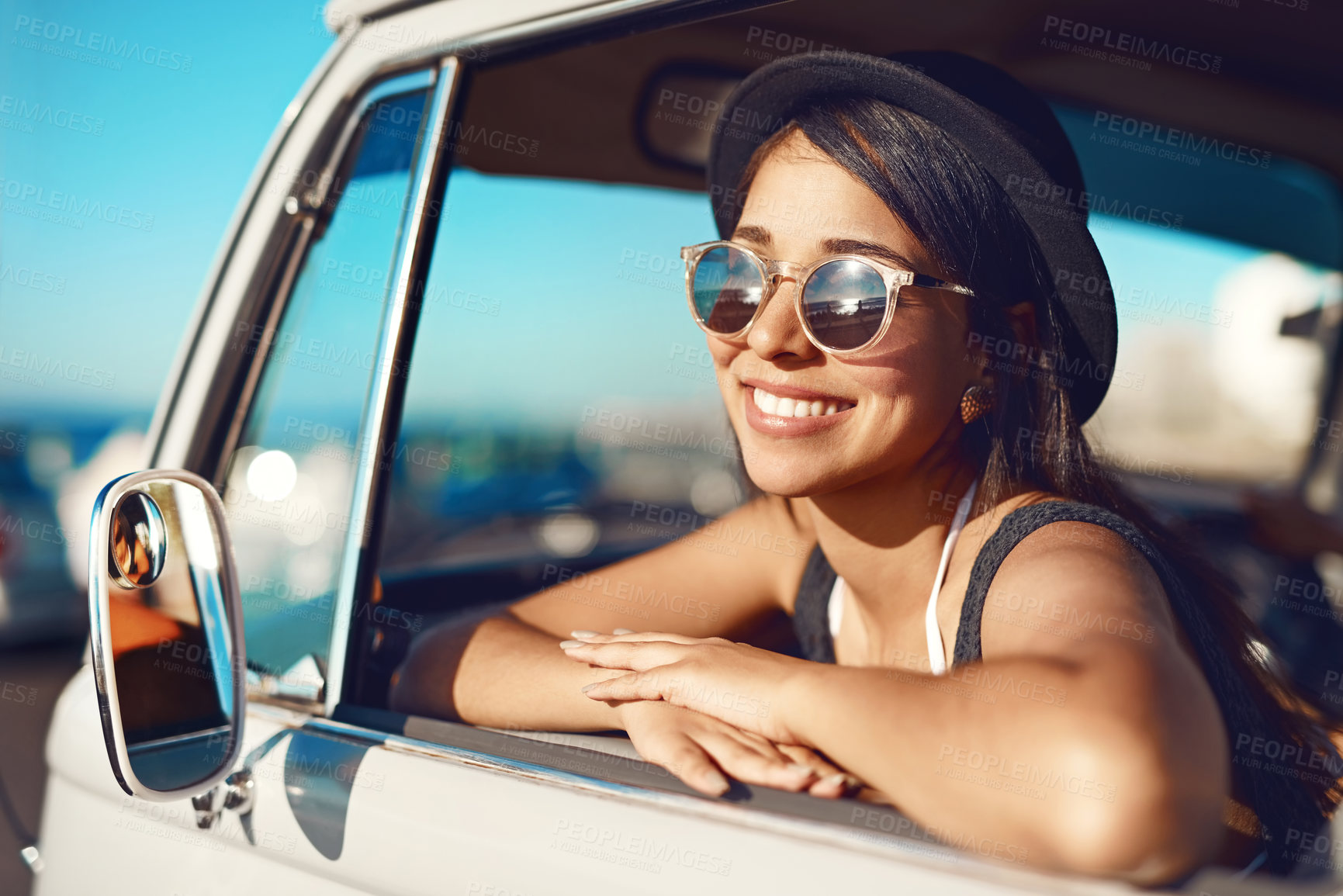 Buy stock photo Woman, van and road trip or window resting, friends and fun adventure for summer vacation together in transport. Travel, happy and smile for journey on weekend break, driving and relax in vehicle