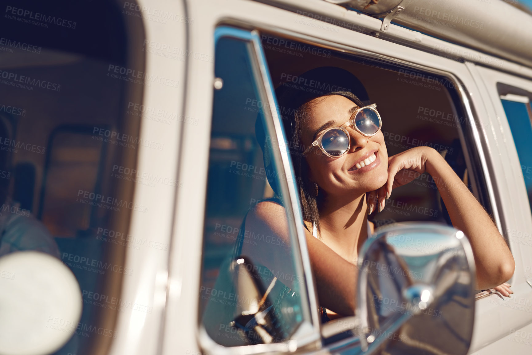 Buy stock photo Sunglasses, woman and happy in minivan window for drive, travel and road trip for adventure in outdoor. Female person, car and vacation or holiday on journey for fun, relax or enjoy as passenger