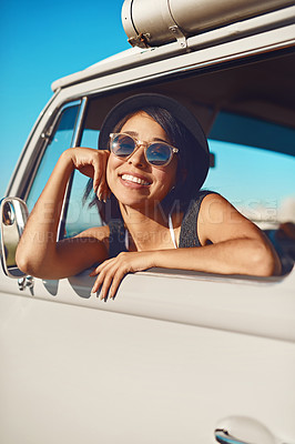 Buy stock photo Woman, van and roadtrip or vacation window, happiness and fun adventure for summer holiday with transport. Travel, relaxing and female person smiling for journey, weekend break and sunglasses