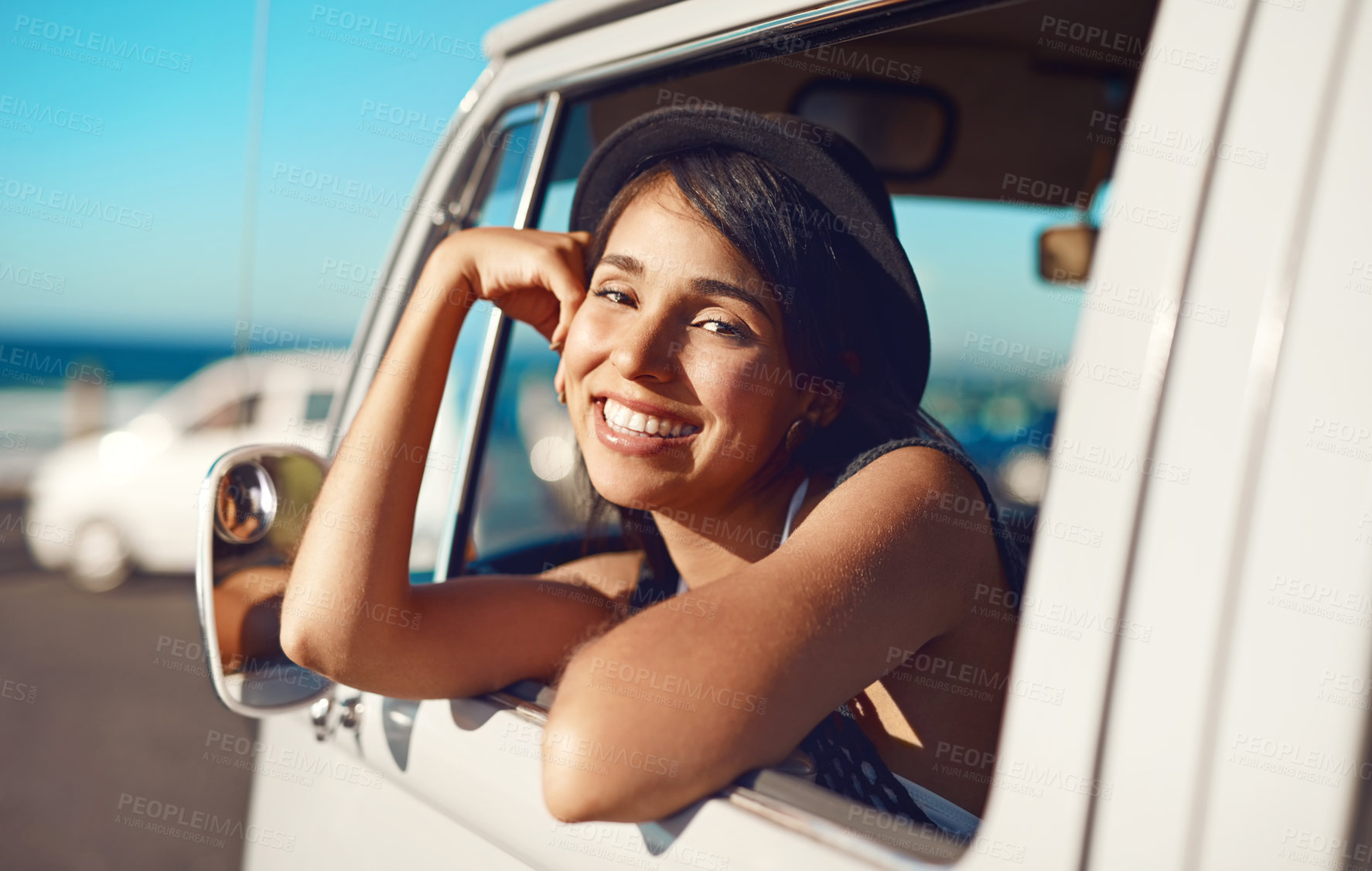 Buy stock photo Woman, van and roadtrip or window portrait, happiness and fun adventure for summer holiday with transport. Vacation, relaxing and female person smiling for journey, weekend break and travelling