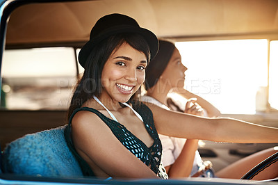 Buy stock photo Portrait, driving and girl friends on road trip in van at sunset in countryside for holiday adventure. Happy, nature and women in vehicle for bonding, explore and travel on summer vacation in Mexico.