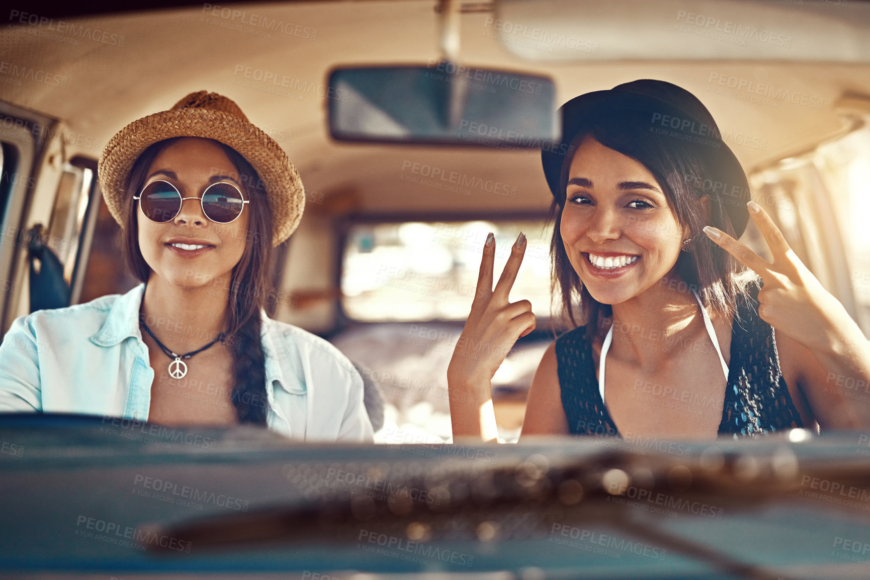 Buy stock photo Women, friends and peace sign by window, car and road trip with portrait, excited and adventure on holiday. People, travel and transport with vehicle on highway with v emoji on  vacation in Mexico