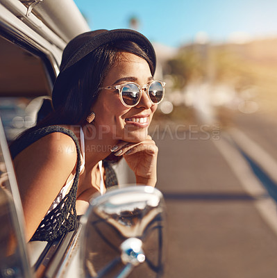 Buy stock photo Girl, window and road trip in minivan as tourist on adventure, journey and vacation in Greece. Female person, happiness and excited for sightseeing, outdoor and fun for holiday, destination or travel