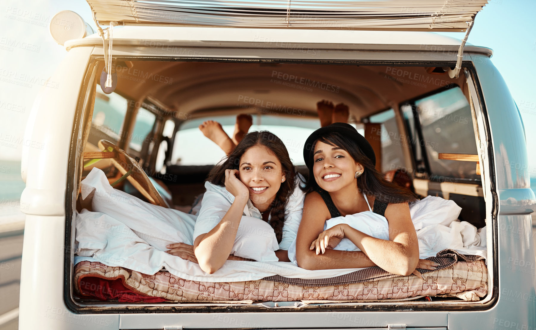 Buy stock photo Travel, smile and portrait of women in van for road trip, summer holiday and vacation at countryside. Happy, relax and friends with blanket in vehicle for peace, adventure and journey in Croatia