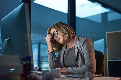 Buy stock photo Stress, headache and business woman in office, tired or fatigue while working late at night on computer. Burnout, migraine and female person with depression, anxiety or brain fog, sick and deadline.