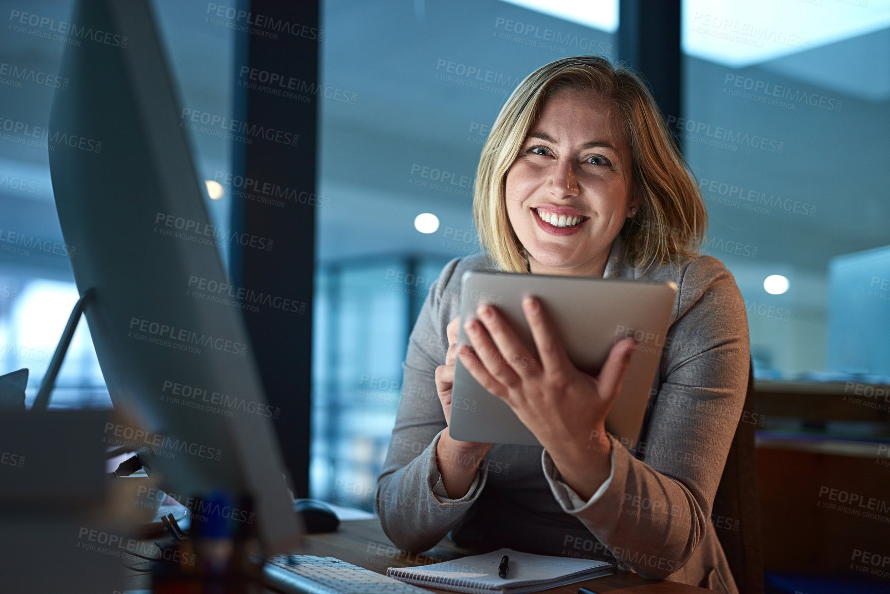 Buy stock photo Tablet, portrait and business woman at night in office for reading email, planning and working. Professional, scroll and secretary for administration, research deadline and digital information