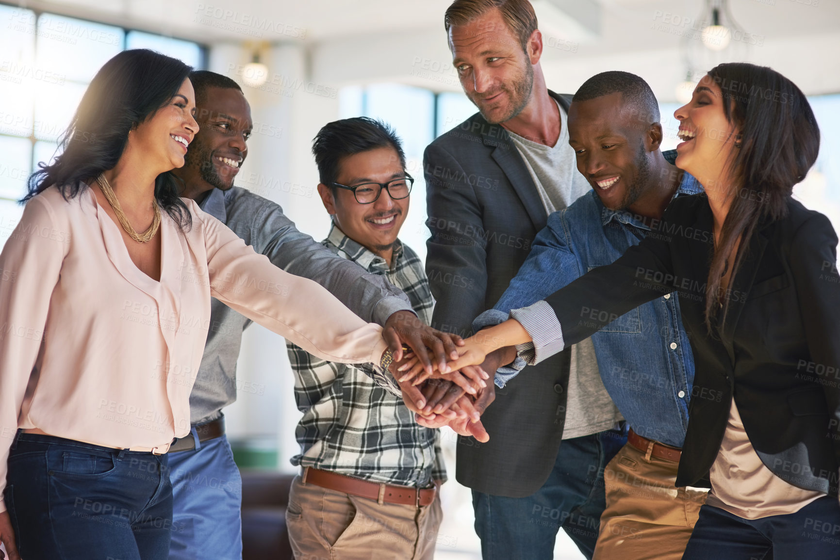 Buy stock photo Business people, hands and office for teamwork or motivation for goal achievement, synergy and group effort for task success. Workforce, huddle and together with support, diversity and collaboration.