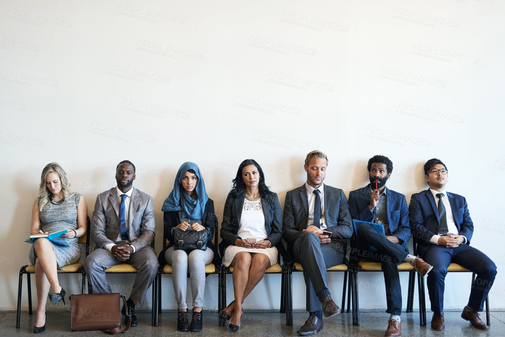 Buy stock photo Group portrait, business people and waiting room for recruitment, interview or opportunity. Employment, candidates or row in office for hiring, human resources or corporate job search on mockup space