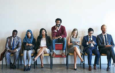 Buy stock photo People, recruitment and group waiting for job interview, diversity and hiring opportunity in business. Happy, worker and recruiting success or career, human resources and resume application 