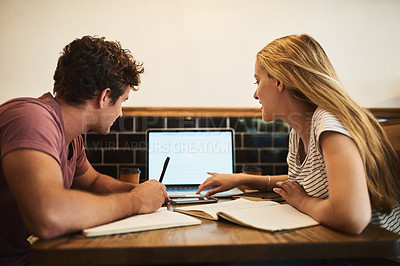 Buy stock photo Students, laptop and conversation with notebooks in cafe, study session and university discussion for education with people. Learning, friends and exam or assessment research, assignment and screen