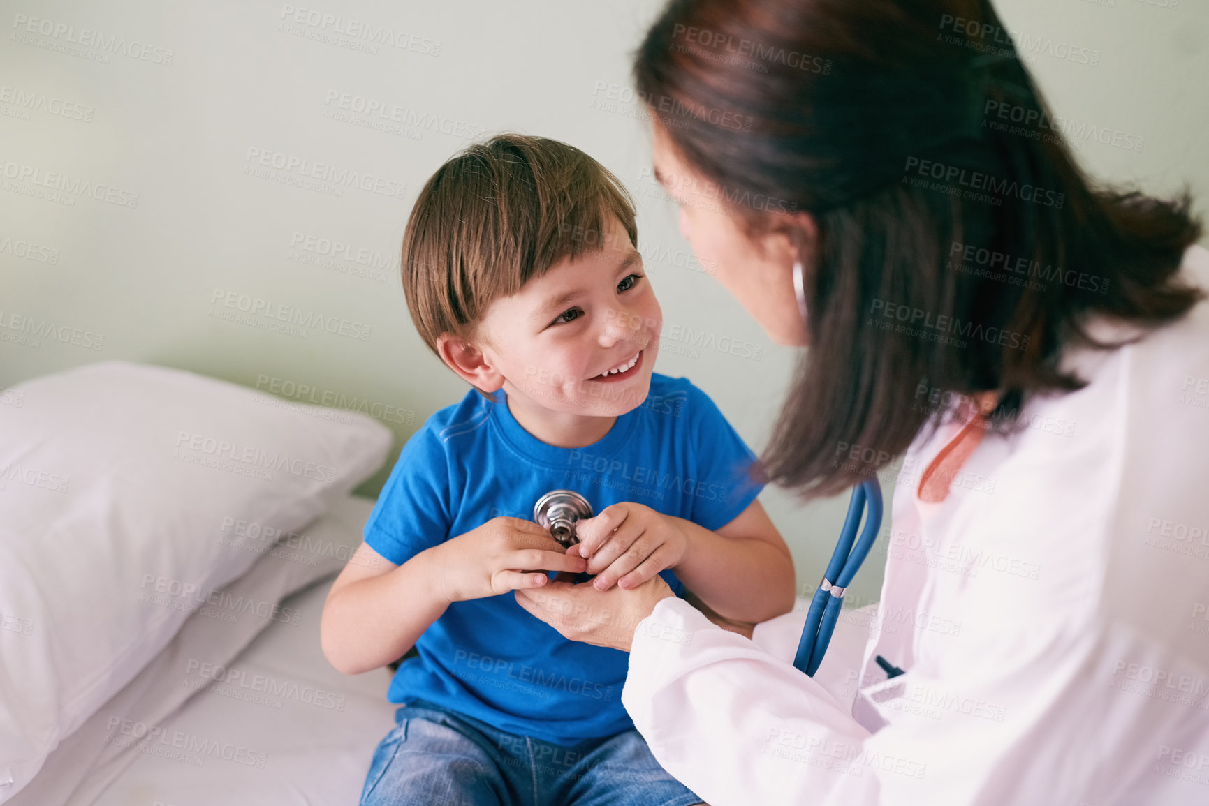 Buy stock photo Doctor, stethoscope and child in hospital for healthcare, health and wellness with medical exam. Female pediatrician, assessment and patient in clinic for lungs, heart and cardiology with breathing