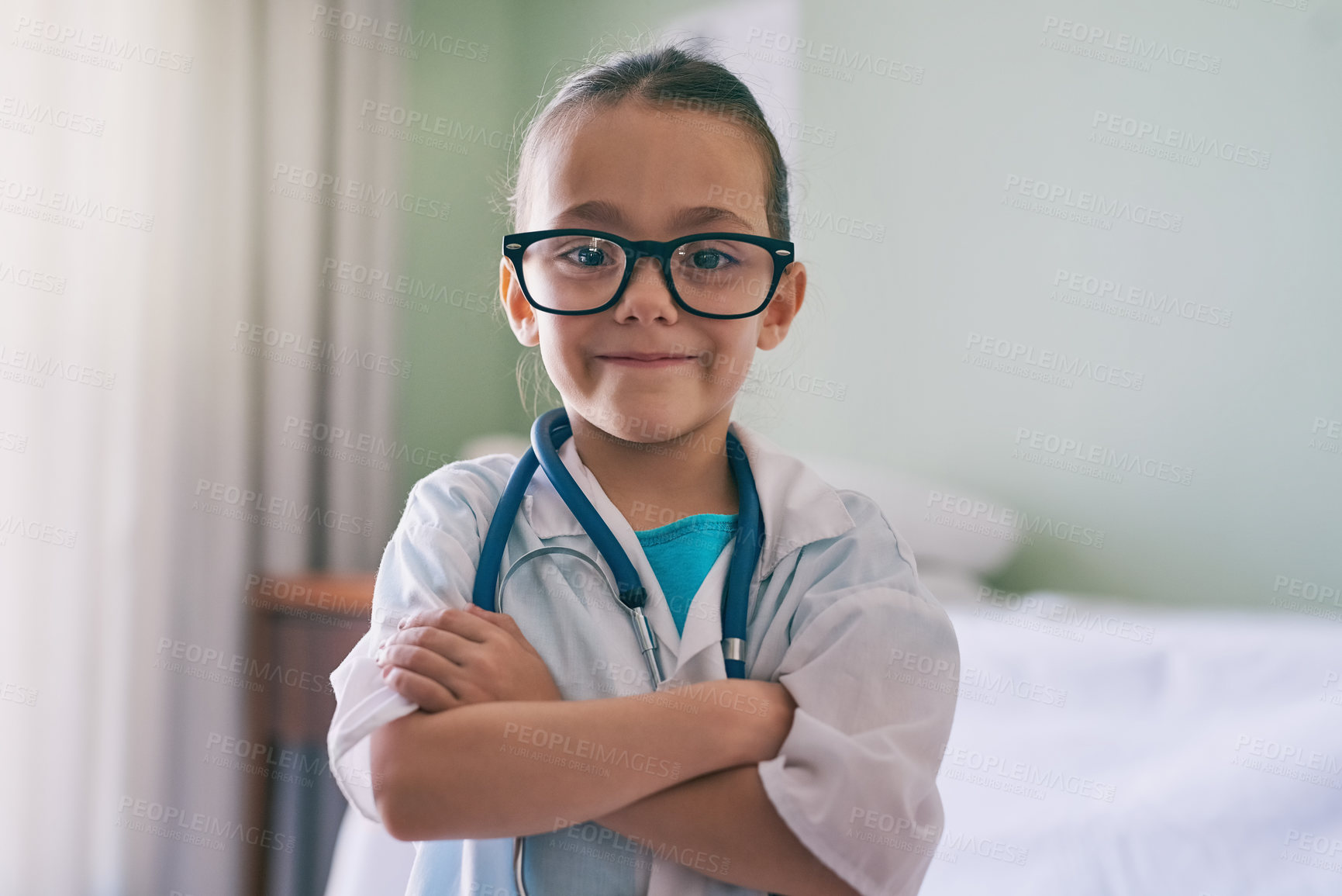 Buy stock photo Girl child, portrait and playing doctor with smile, glasses and stethoscope in home, hospital or clinic. Female kid, play medic and happy with excited face, learning and game for development in house