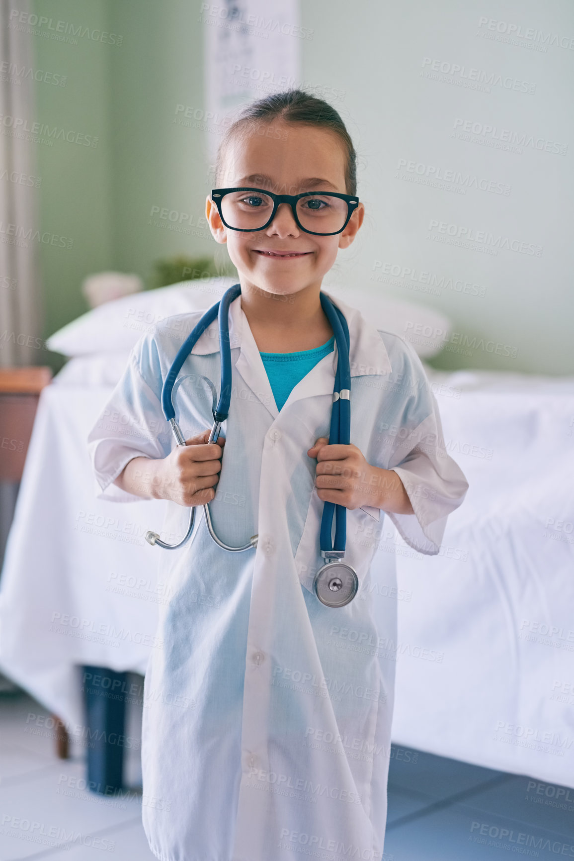 Buy stock photo Girl kid, portrait and playing doctor with smile, glasses and stethoscope in home, hospital or clinic. Female child, play medic and happy with excited face, learning and game for development in house