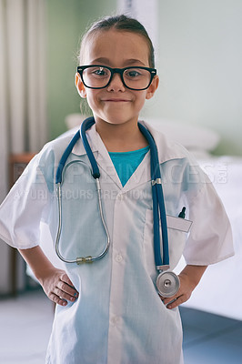 Buy stock photo Girl child, portrait and play doctor with smile, glasses and stethoscope in home, hospital or clinic. Female kid, playing medic and happy with excited face, learning and game for development in house