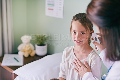 Buy stock photo Healthcare, portrait and a girl at the pediatrician for an ear checkup or appointment in the hospital. Medical, kids and health with an adorable little female child sitting on a bed in the clinic