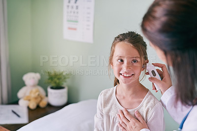 Buy stock photo Healthcare, kids and a girl at the pediatrician for an ear exam, appointment or checkup in the hospital. Medical, happy and temperature with an adorable female child sitting on a bed in the clinic