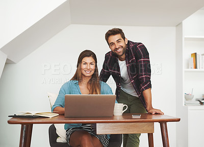Buy stock photo Portrait of a happy couple of entrepreneurs working together from their home office