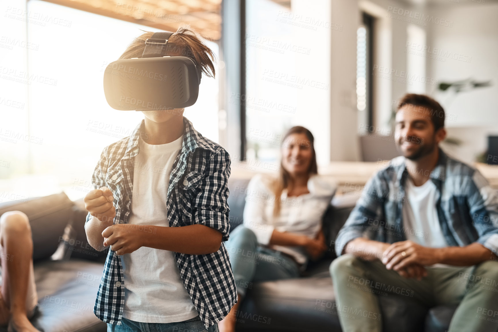 Buy stock photo Parents, boy and virtual reality headset in home for cyber experience, metaverse system or gaming connection. Gamer family, child and VR games in living room for future, innovation and ui technology