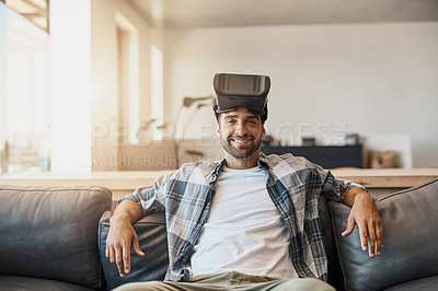 Buy stock photo Man, portrait and virtual reality headset in home lounge for cyber experience, metaverse system or gaming connection. 
Gamer, VR and break in living room with future, innovation and ui app technology