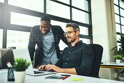 Buy stock photo Laptop, people and office in collaboration for project at workplace, business or company as team. Group, diversity and brainstorm for corporate with tech for planning or development as colleagues