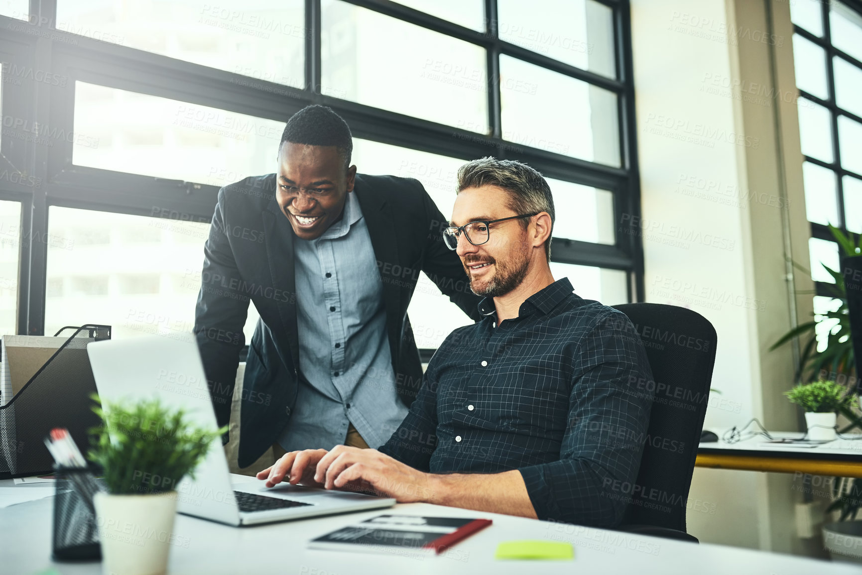 Buy stock photo Laptop, people and office in collaboration for project at workplace, business or company as team. Group, diversity and brainstorm for corporate with tech for planning or development as colleagues