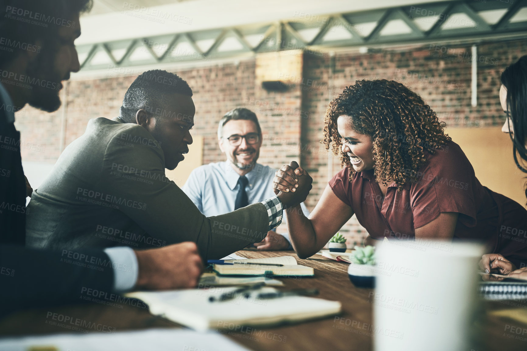 Buy stock photo Arm wrestle, team building and business people in office for meeting with challenge for gender equality. Collaboration, competition and financial advisors with strength contest in workplace boardroom