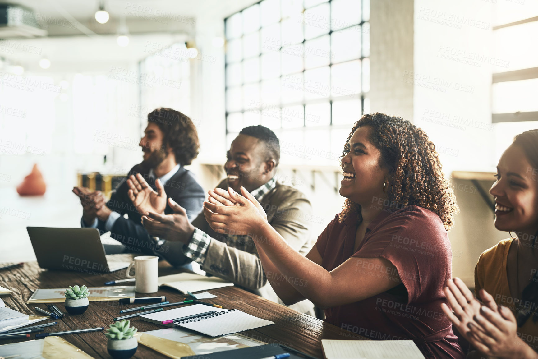 Buy stock photo Applause, presentation and business people celebrate in startup for success, achievement and victory. Teamwork, conference goals and happy designers clapping hands for support, seminar and target