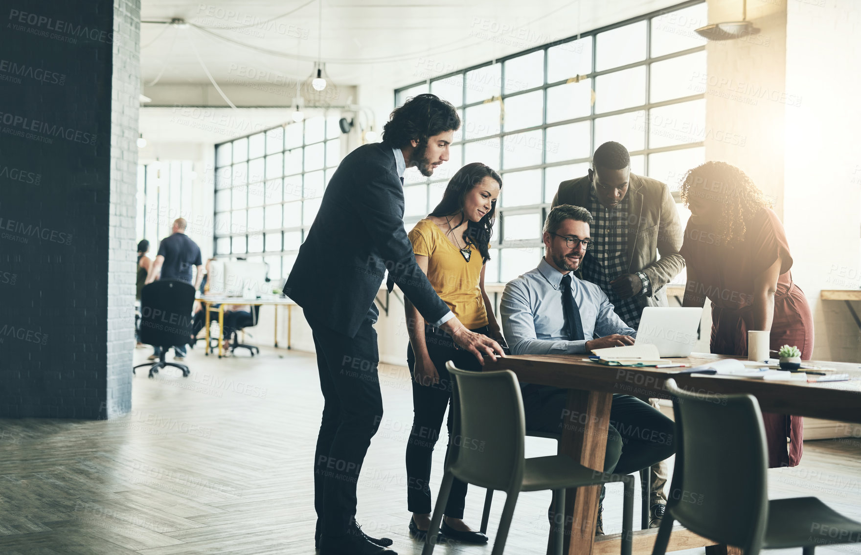 Buy stock photo Business, people and discussion with laptop in meeting together for performance improvement, mentorship and training. Manager, group and online for learning system or coaching, skills and guidance