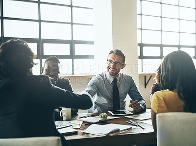 Buy stock photo Business man, handshake and deal in a meeting with agreement and contract collaboration. Partnership, success and b2b work with shaking hands to welcome and show congratulations from teamwork