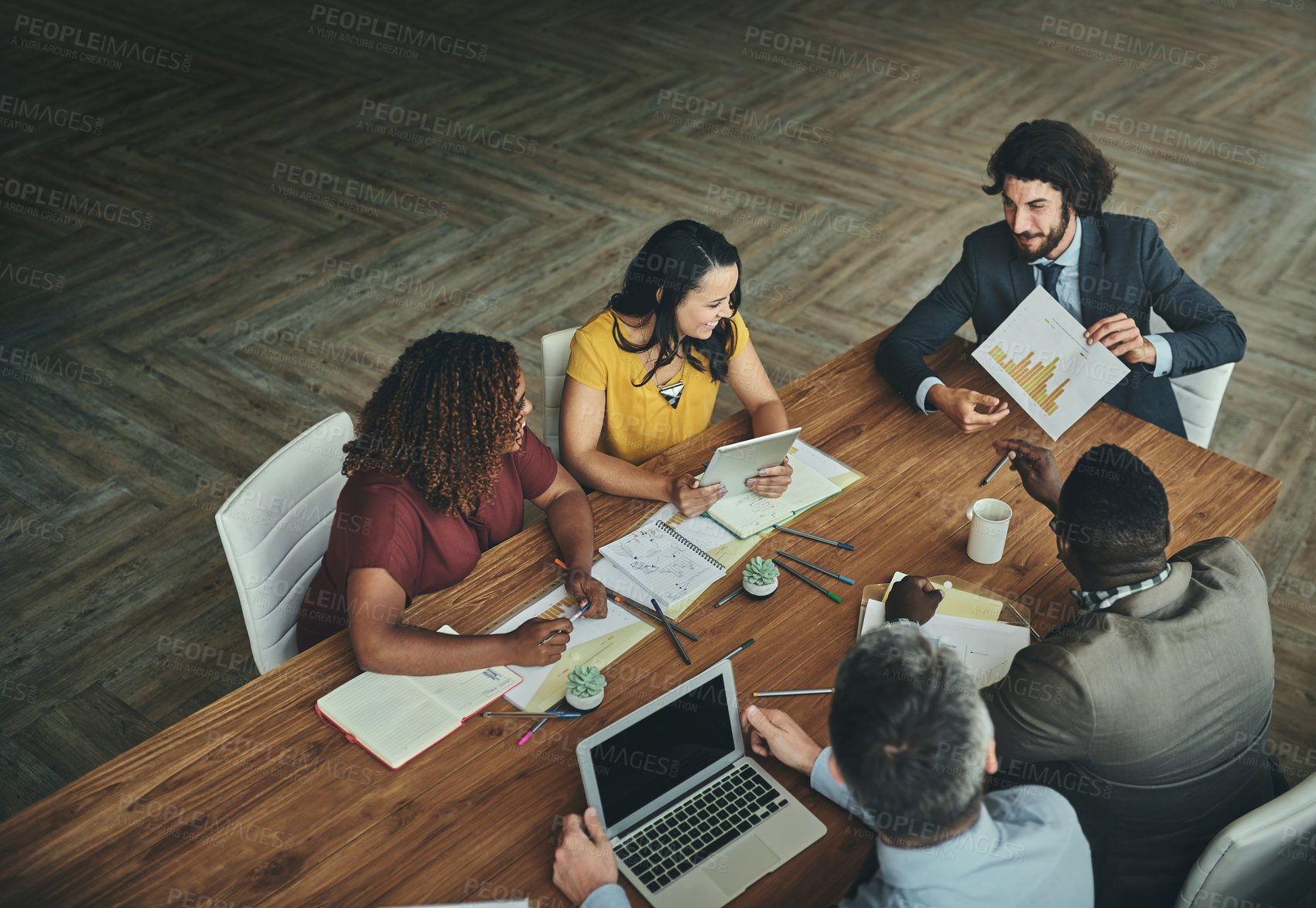 Buy stock photo Graphs, paperwork or business people in meeting, discussion or collaboration for data analytics or growth. Teamwork, top view or financial analyst planning for feedback report, profit or charts stats