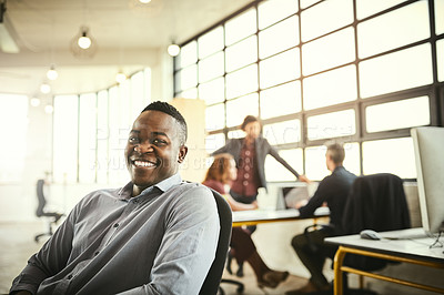 Buy stock photo Smile, boss and portrait of black man at office, startup entrepreneur with creative ideas for business project. Leader with creativity, ideas and African businessman with pride in designer workspace.