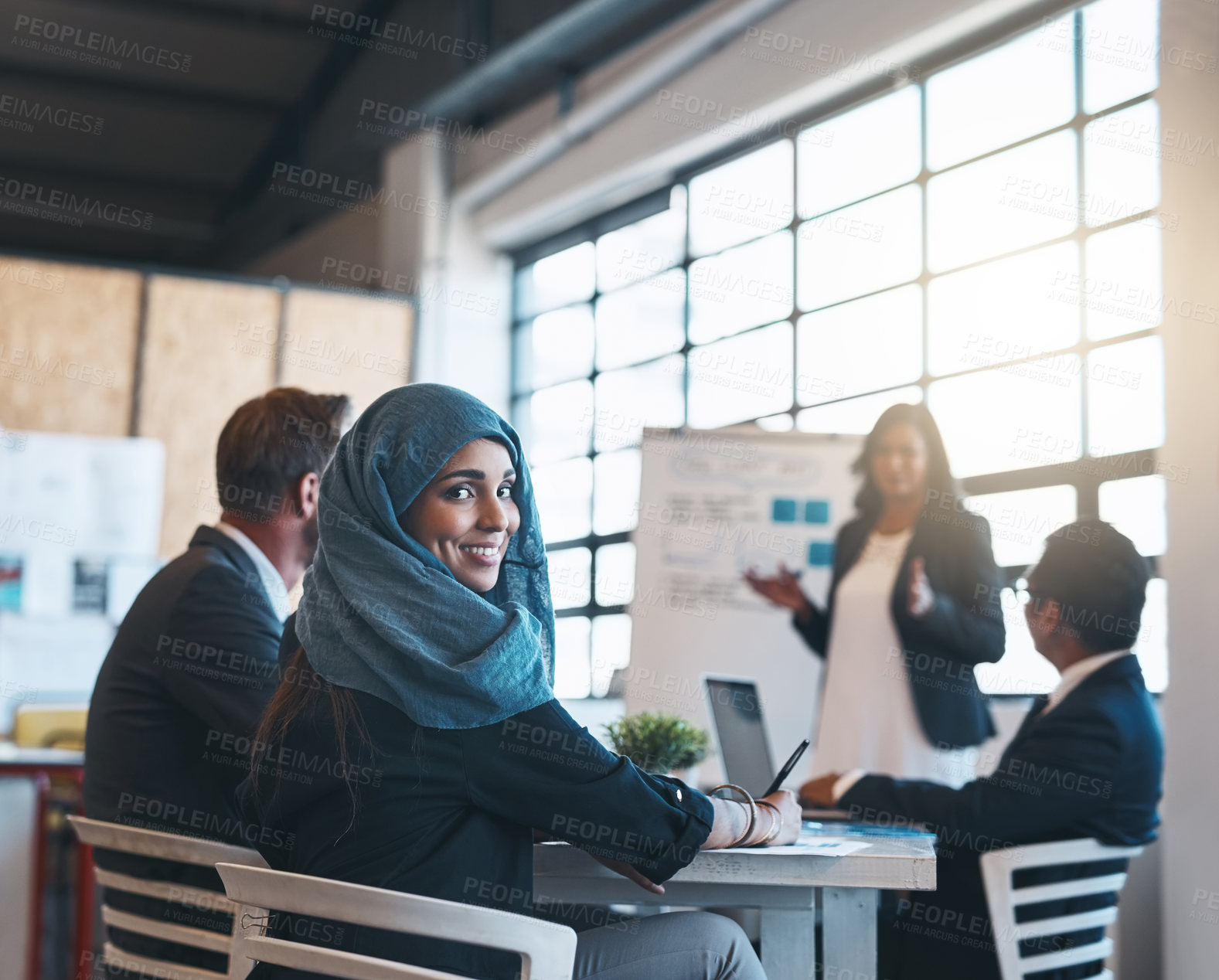 Buy stock photo Teamwork, business people and portrait of Muslim woman in meeting for planning, presentation and project ideas. Corporate, diversity and worker with staff for discussion, collaboration and feedback