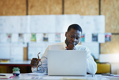 Buy stock photo Business, yawn or tired black man on laptop in office for planning, research or tax, savings or review. Fintech, investment or lazy African accountant with burnout from startup, accounting or report