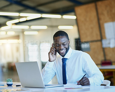 Buy stock photo African man, phone call and laptop as accountant, employee or manager in finance company. Male person, tech and happy for investment opportunity, project and portfolio for tax or business development