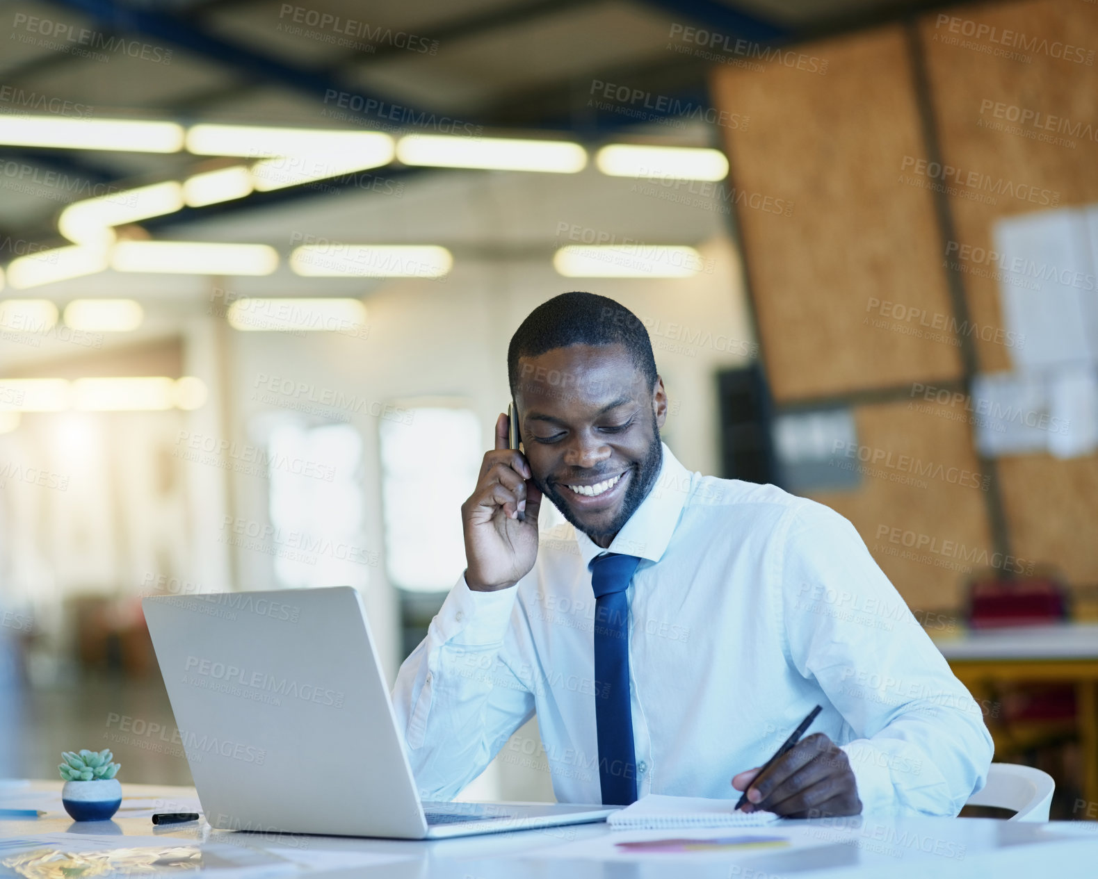 Buy stock photo African man, phone call and laptop as accountant, employee or manager in finance company. Male person, tech and happy for investment opportunity, project and portfolio for tax or business development