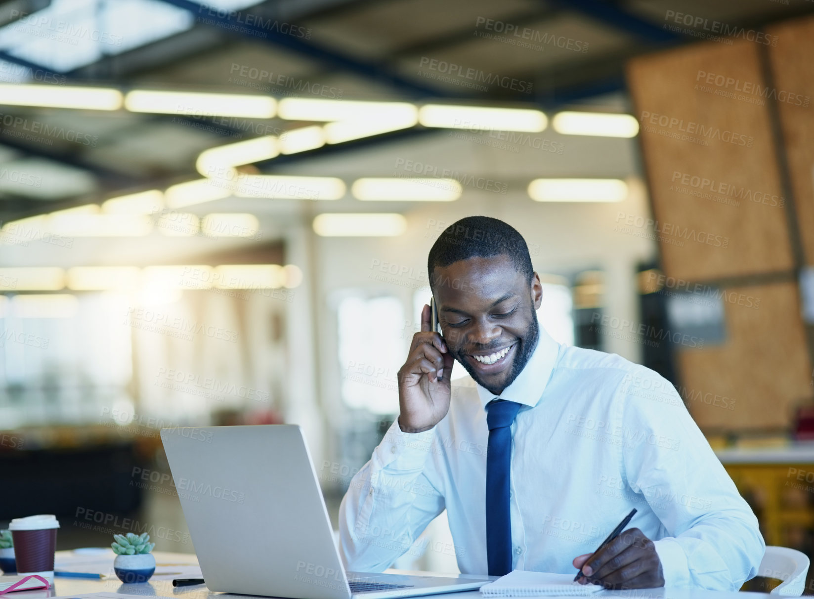 Buy stock photo Black man, phone call and laptop as manager, employee or accountant in finance company. Male person, tech and notes for investment opportunity, project and portfolio for taxes or business development