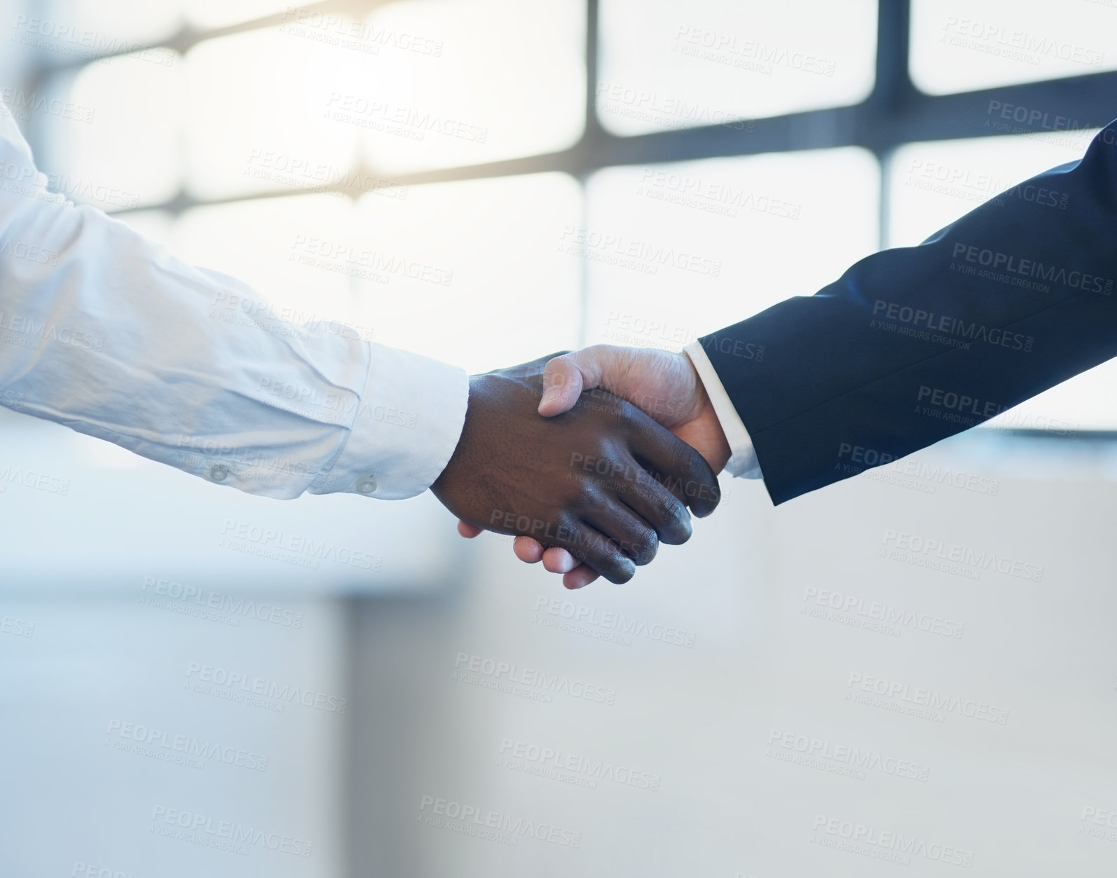 Buy stock photo Business, teamwork and agreement with handshake for meeting, b2b or deal together at office. People shaking hands with employees or colleague for partnership, recruiting or career hiring at workplace