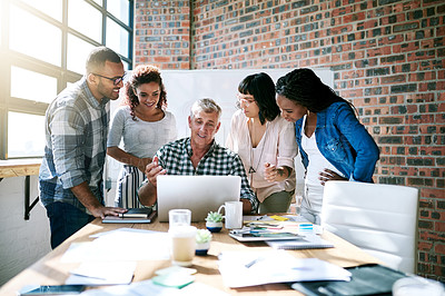 Buy stock photo  Diversity, group of colleagues and using a laptop together or collaborating on a new project and in a modern office. Teamwork, happy and businesspeople in a meeting or a conversation and work 