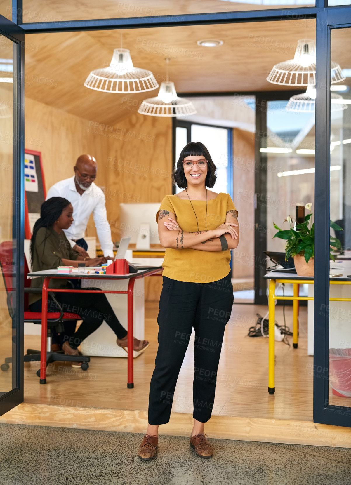 Buy stock photo Portrait, smile and business woman in office for career, coworking or opportunity. Glasses, arms crossed and confident professional entrepreneur, leader and creative editor with experience in startup