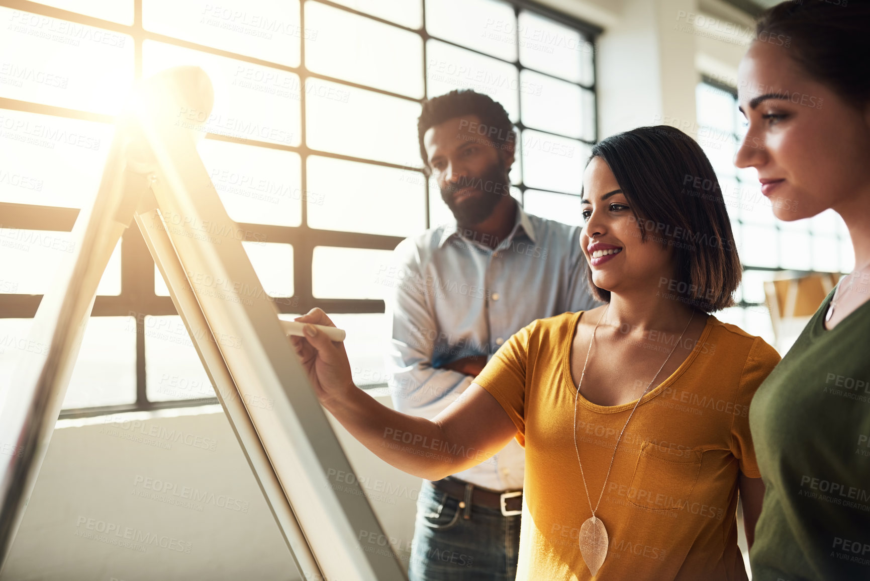 Buy stock photo Whiteboard, brainstorming and business people in meeting, cooperation for project and about us. Group, employees and writing for feedback, review and teamwork with information for company or startup