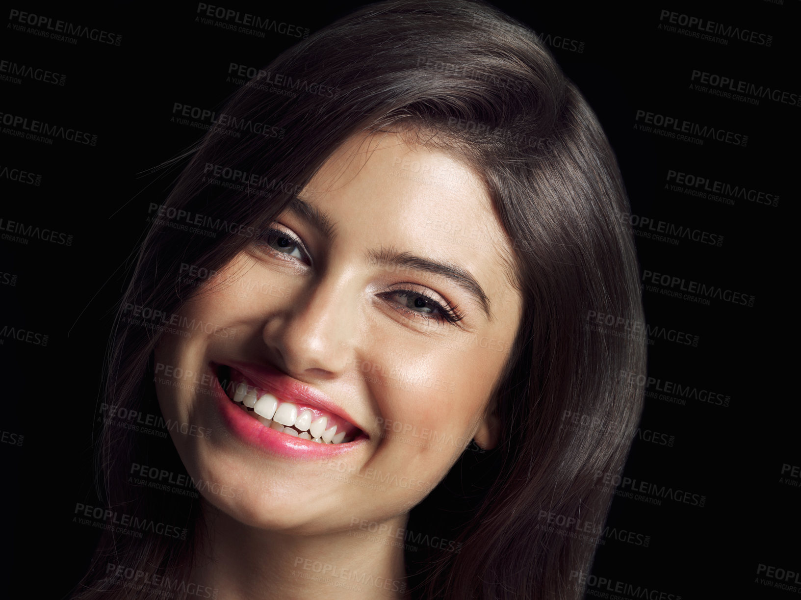 Buy stock photo Woman, portrait and happy in studio for beauty, makeup, and cosmetic treatment for confidence. Model girl, smile and skincare or dermatology for glow, foundation and aesthetic by black background