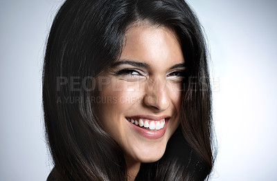 Buy stock photo Woman, face portrait and hair care with keratin treatment for shine, confidence and shampoo for grooming. Model laugh, hairstyle pride and happy for texture, health and growth by studio background