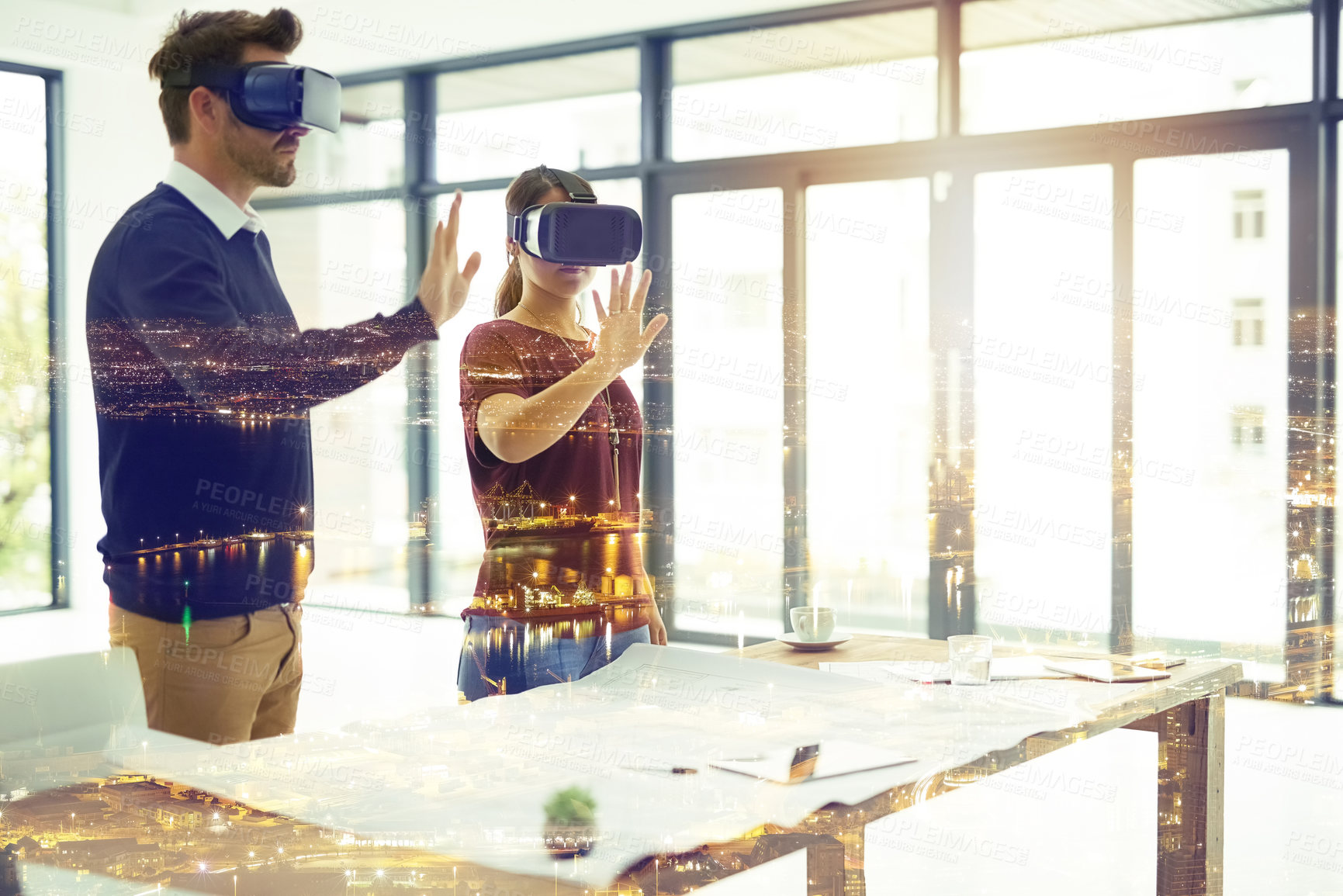 Buy stock photo Overlay, virtual reality or metaverse with architect people using headset technology to access information. Digital, AI or 3D with a man and woman engineer in an architecture office for innovation