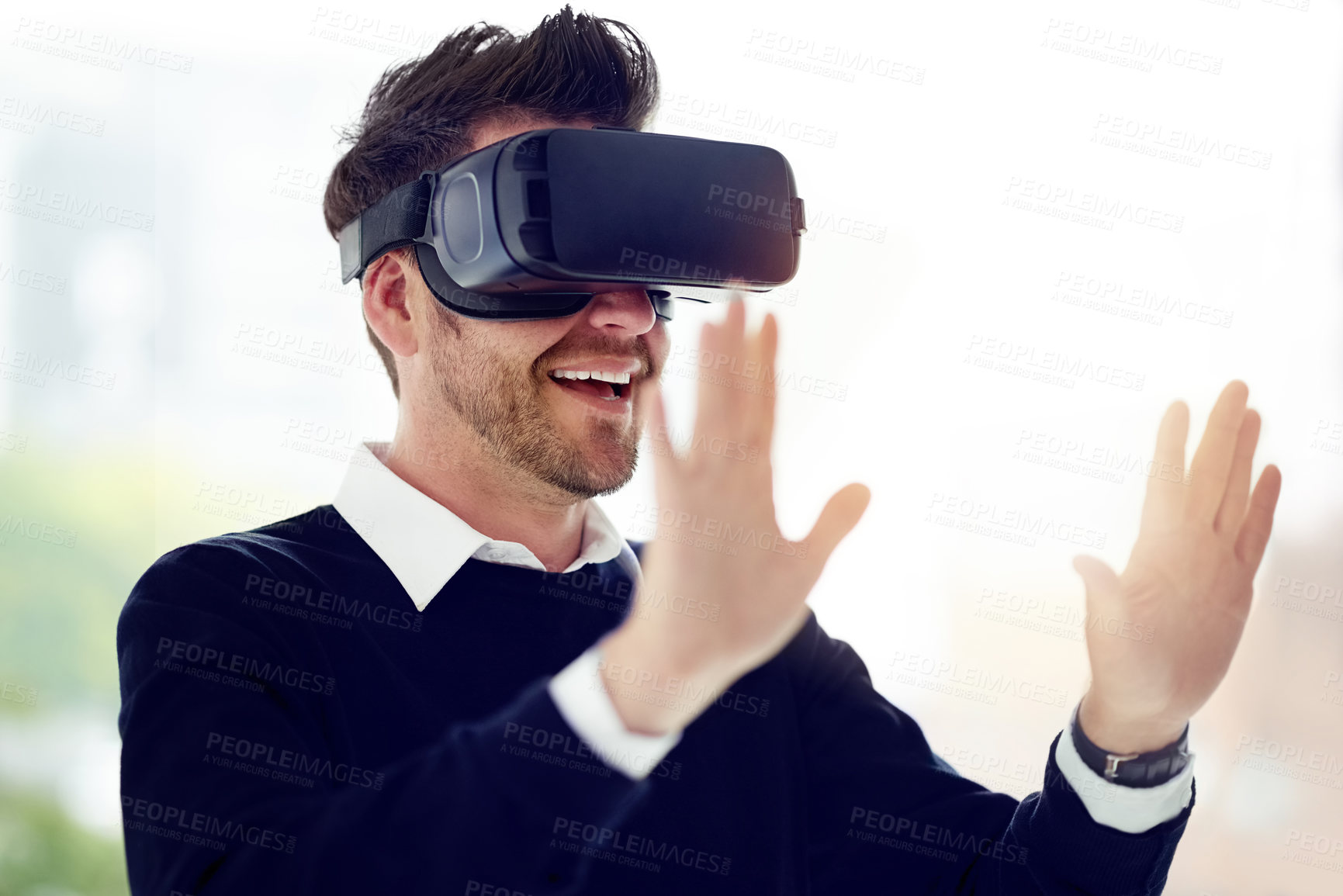 Buy stock photo Man, vr and smile in office with hands, test or 3d user experience with futuristic vision for digital world. Person, augmented reality and happy with glasses for metaverse, cyber ux or job at startup