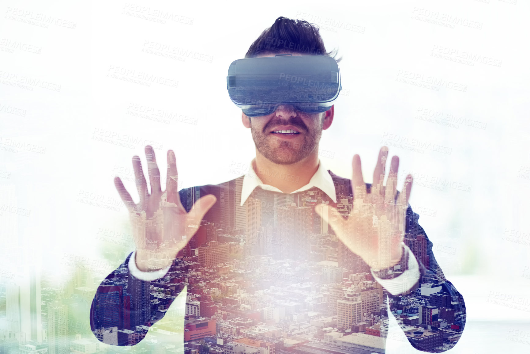 Buy stock photo City overlay, virtual reality and business man in office for metaverse, online network and double exposure. Digital, architecture and worker with hands for user interface, vr simulation or technology