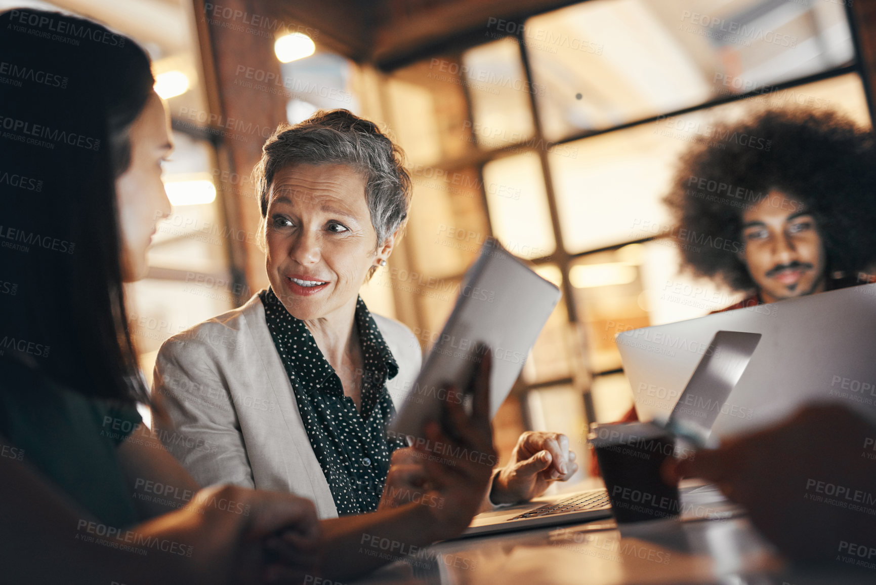 Buy stock photo Night, tablet and boss in meeting with group, review and feedback for project, deadline and office. Teamwork, talking and people with tech, auditor and budget for business in corporate with research