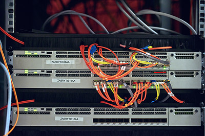 Buy stock photo Cropped shot of the inside of a computer with all of it's wiring located in a server room