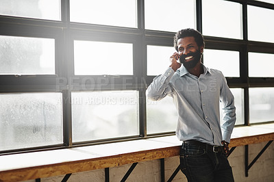 Buy stock photo Window, phone call or idea and a business man in the office with a smile while planning or networking. Happy, vision and mobile contact with a male employee standing in the workplace during his break