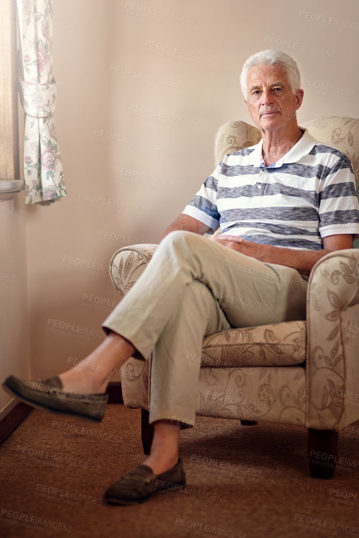 Buy stock photo Senior man, relax and portrait on chair in home for retirement, weekend break and rest. Male person, confident and calm in seat for peace, comfort and pension for health with wisdom in lounge