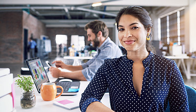 Buy stock photo Teamwork, business and portrait of woman at desk with laptop at creative agency, working on web project together. Leadership, coworking and happy employees at design startup with smile and technology